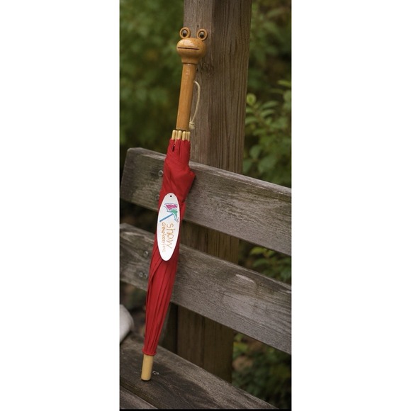 Accessories - Cute VTG Frog Face Handle Umbrella Shaw Creations Red Wood Handle Whimsy Novelty